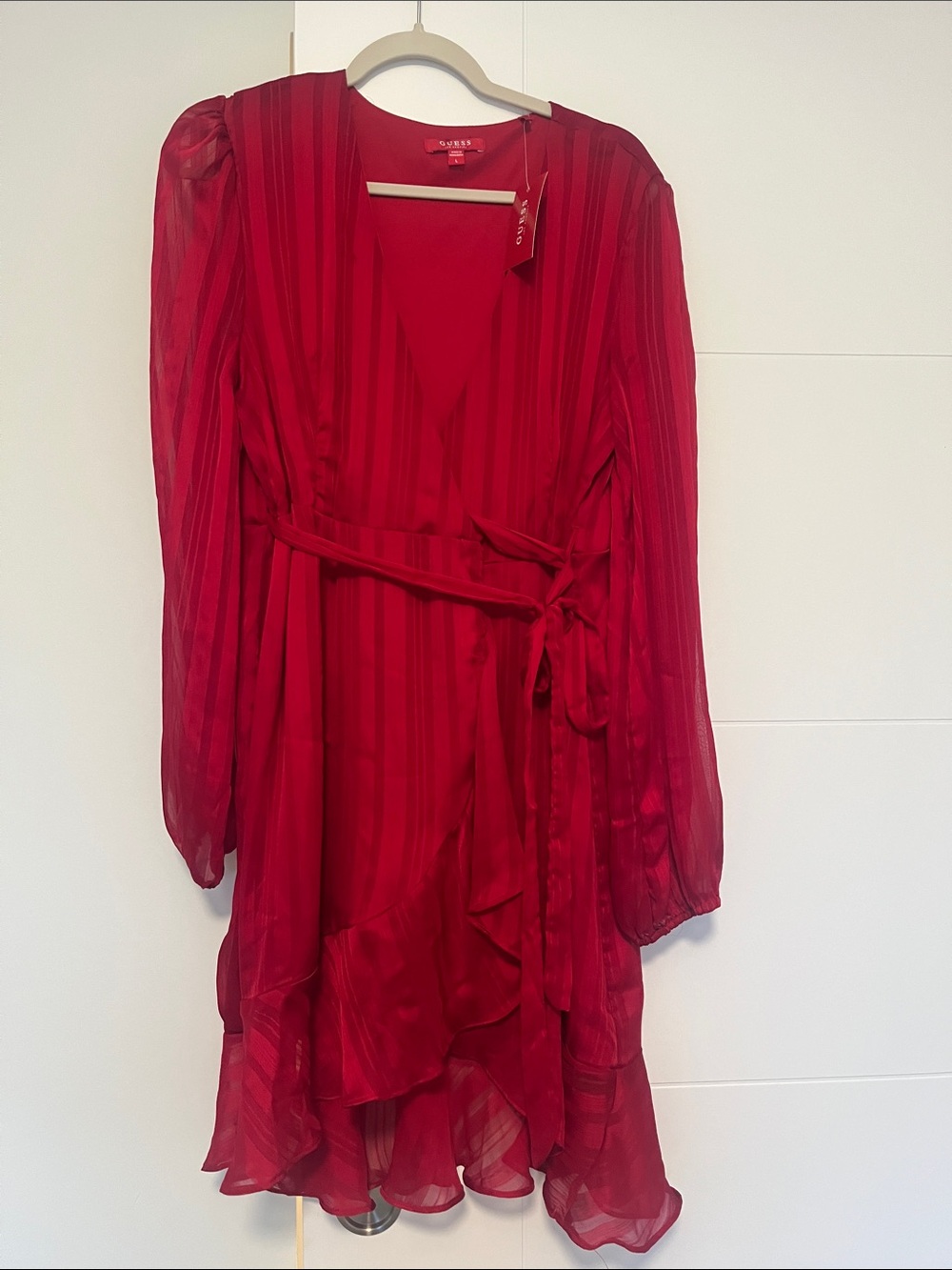 Guess Crimson Stripe Wrap Dress with Tie Waist